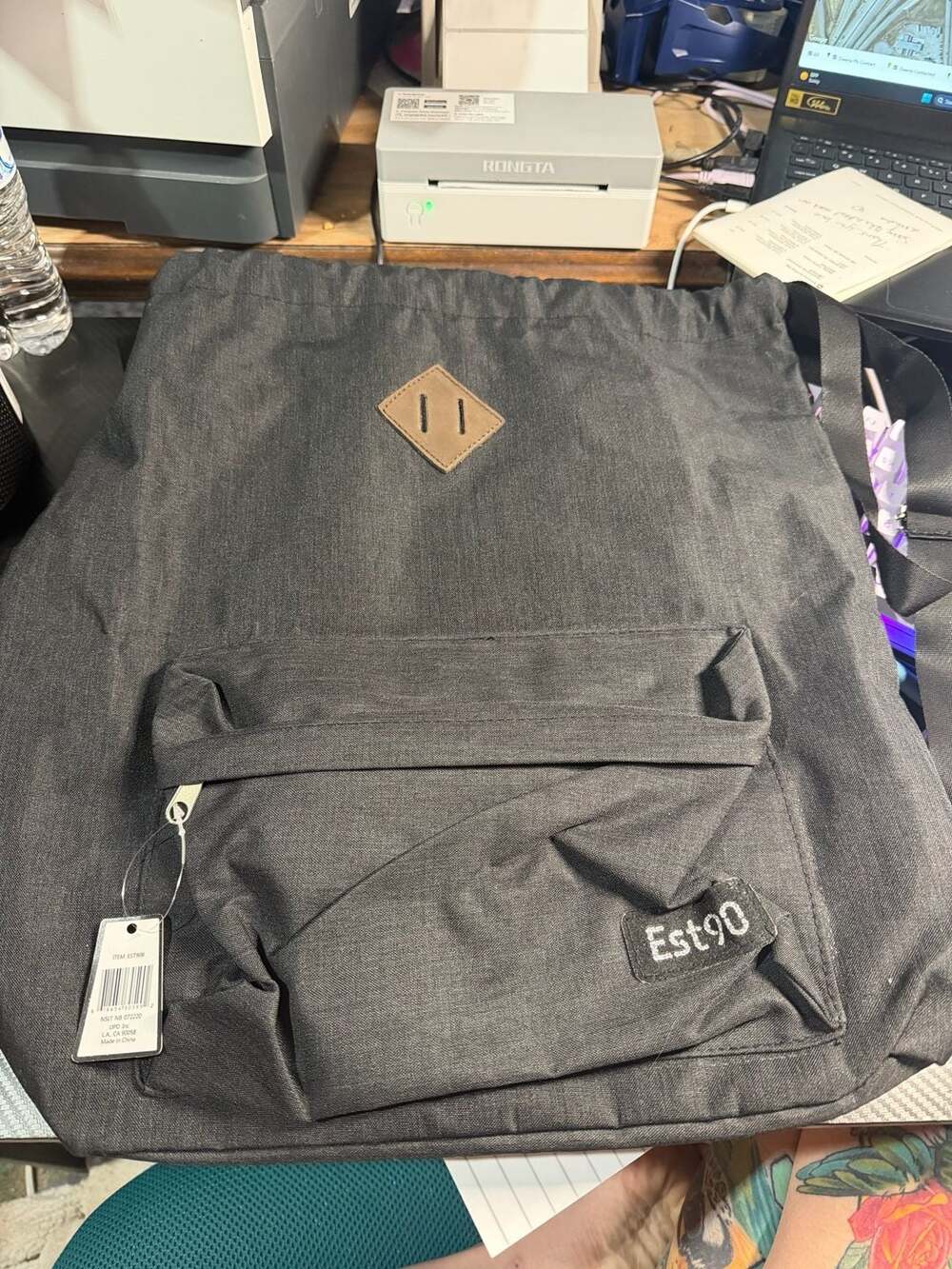Est90 Black Canvas Drawstring Backpack with Faux Leather Lash Tab